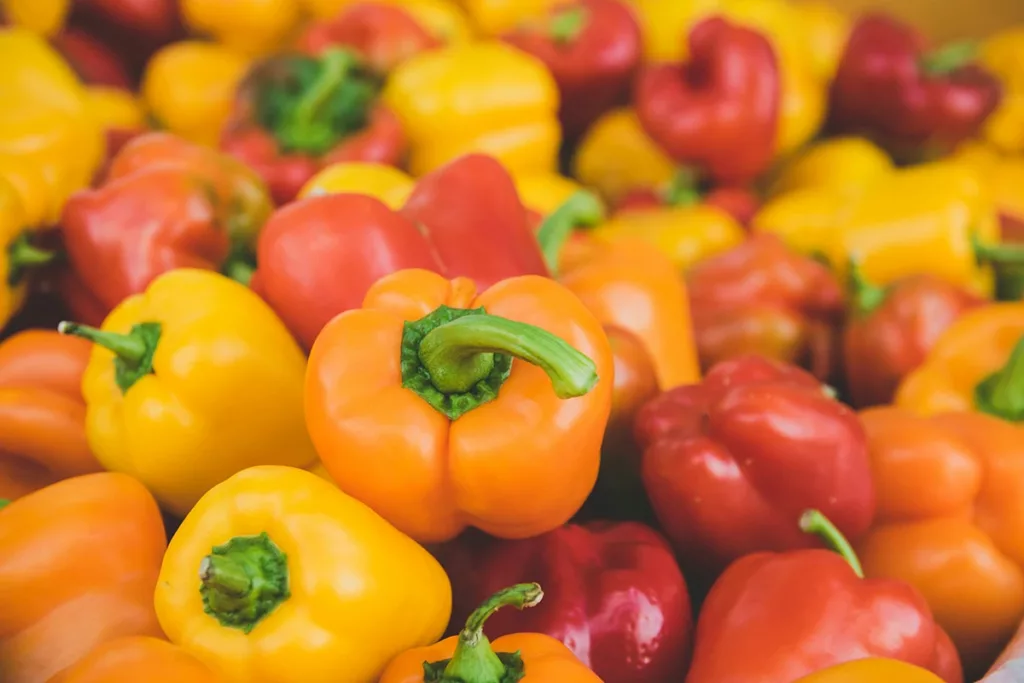 red, yellow, and orange bell peppers that are in season in California during the summer months