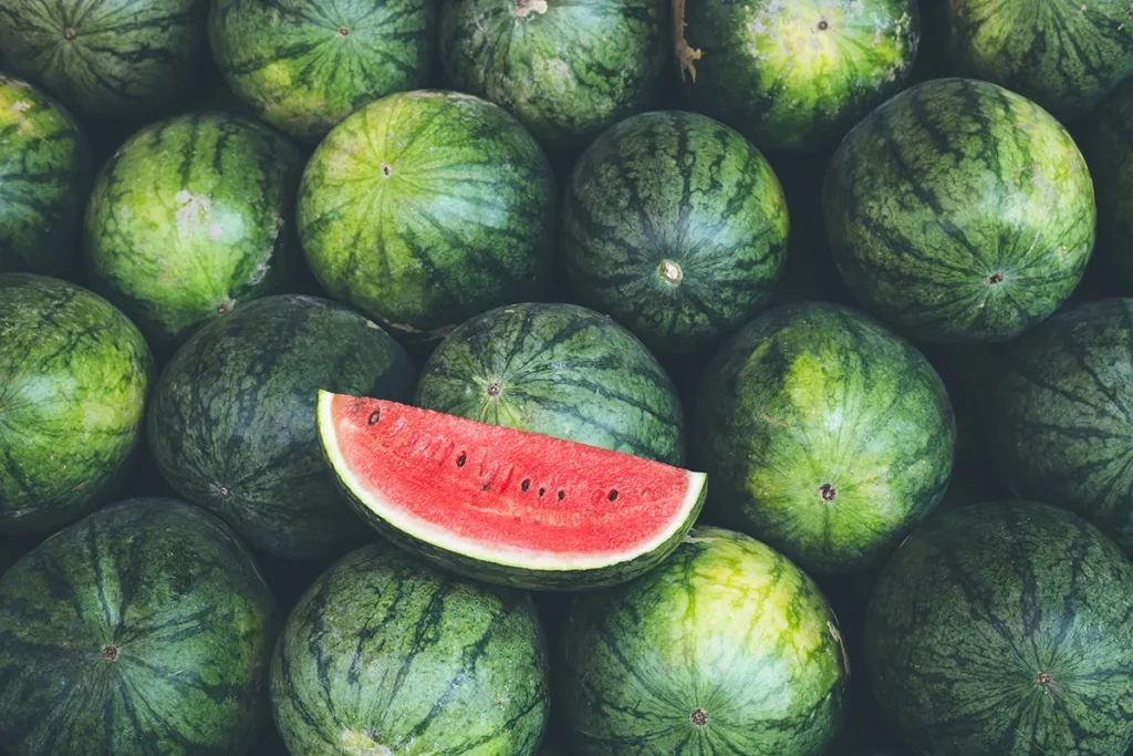 Watermelons that are in season in Napa supermarkets during the summer months