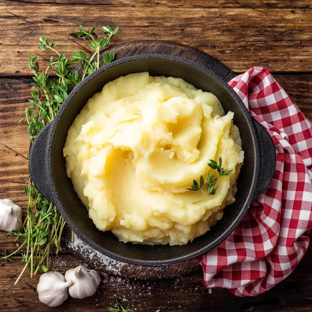 Homemade mashed potatoes for Thanksgiving on a table next to herbs