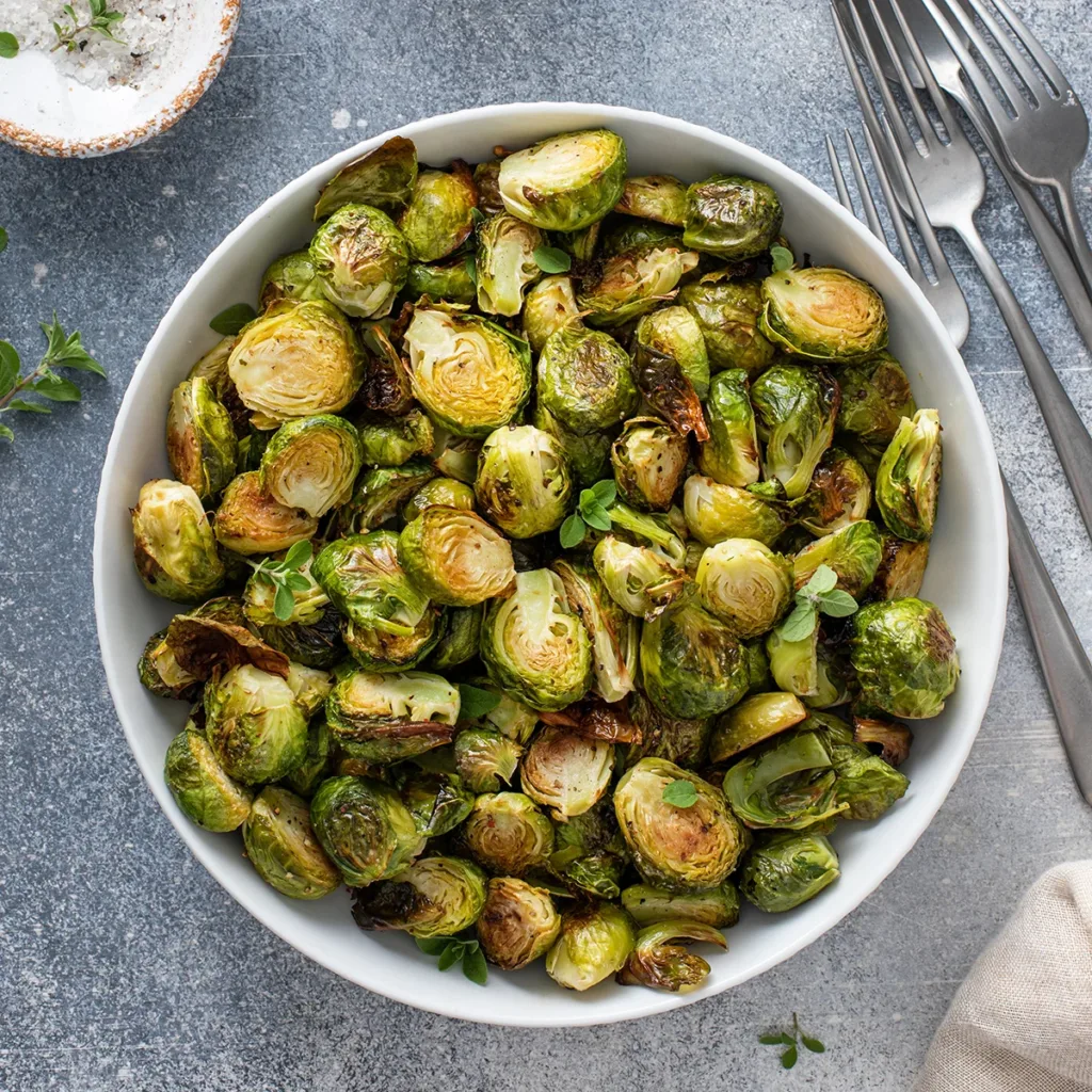 A bowl of roasted brussels sprouts for Thanksgiving