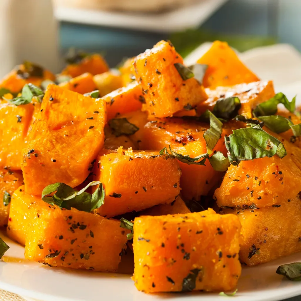 A side dish of roasted butternut squash for Thanksgiving