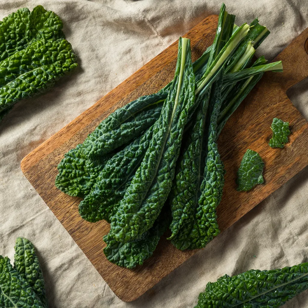 Fresh kale on a cutting board, showing the concept of produce in season in Napa Valley this winter