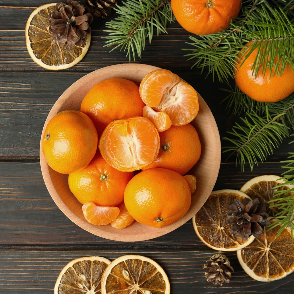 A bowl of oranges on a rustic table display with pine tree leaves, showing the concept of what's in season in Napa this winter.