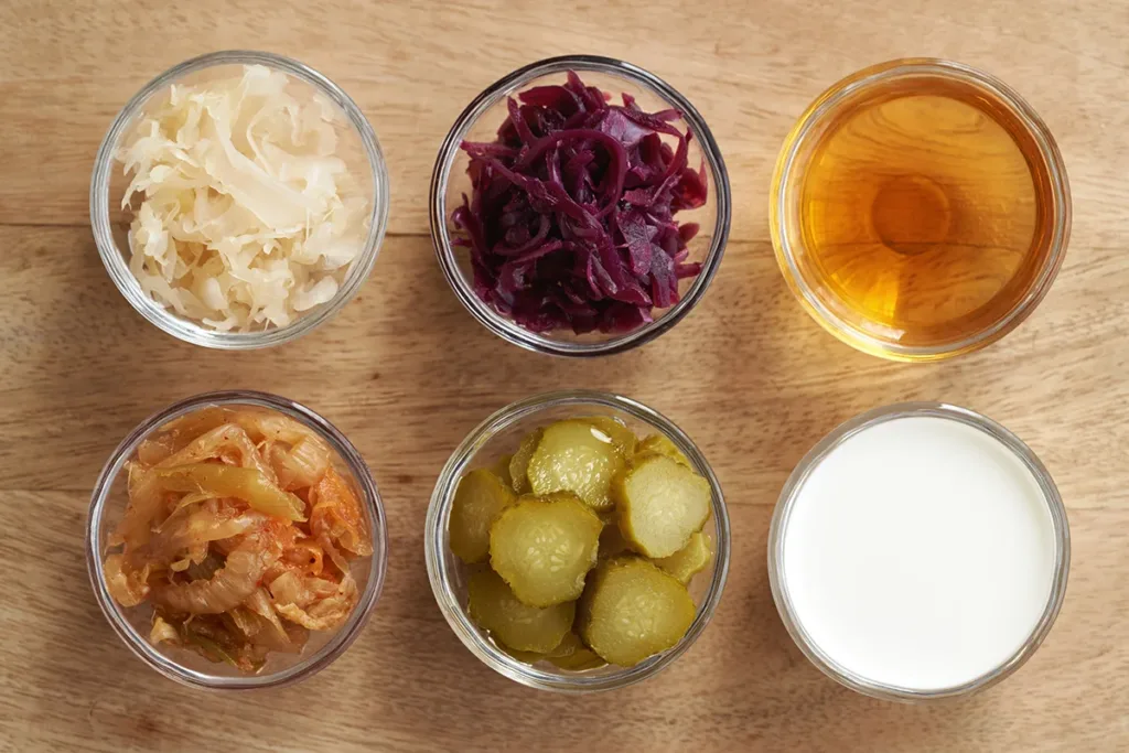 Fermented foods like pickles and sauerkraut in bowls for gut health